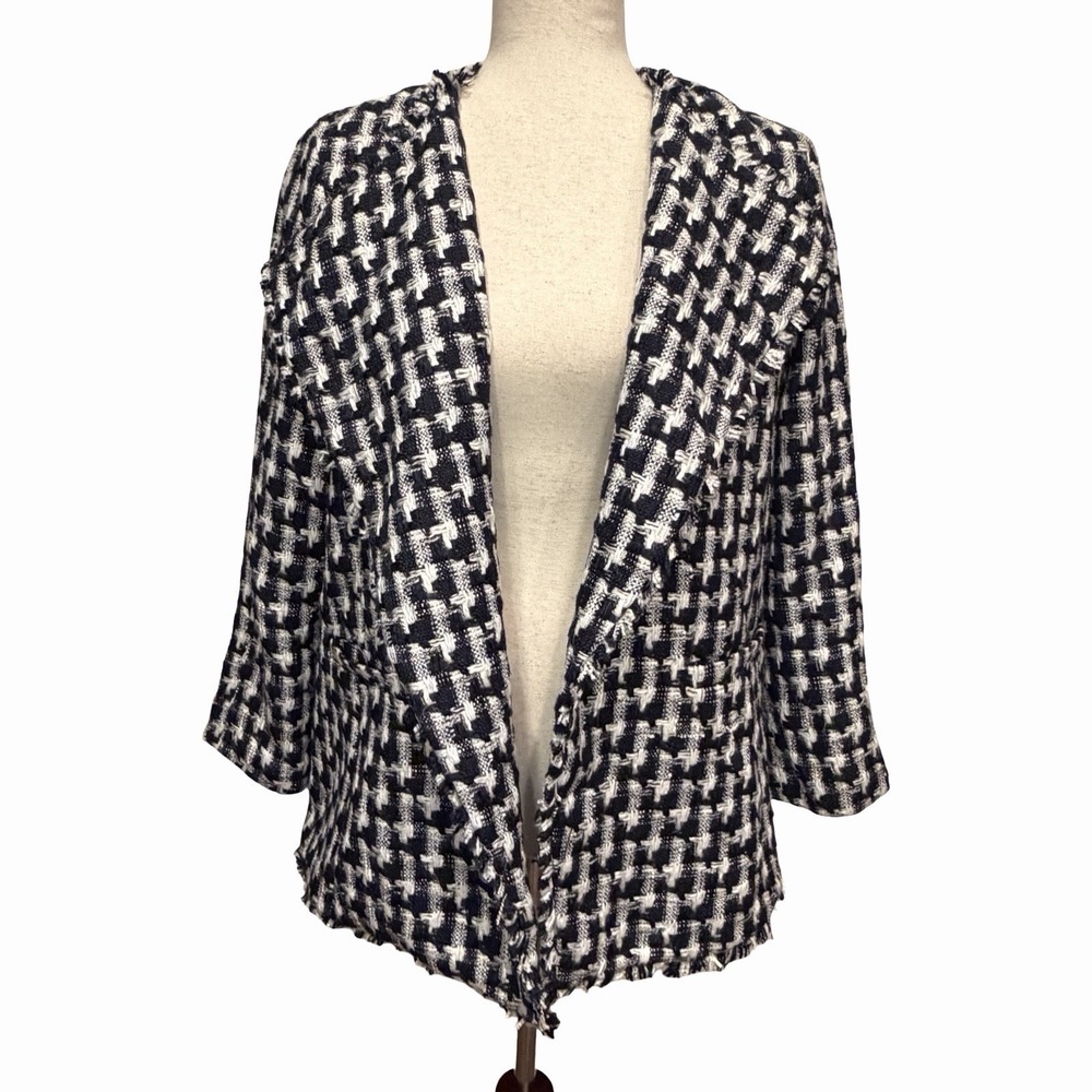 Ann Taylor Open Boucle Tweed Jacket Blazer M•Navy White Fringe Career Preppy EUC